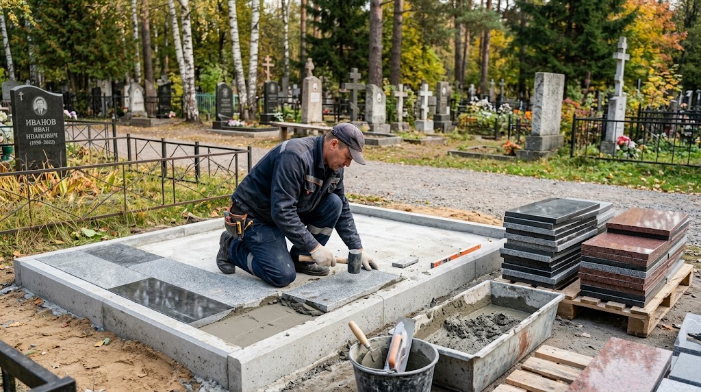 Благоустройство могил в Красноярске бетонным основанием с облицовкой плиткой