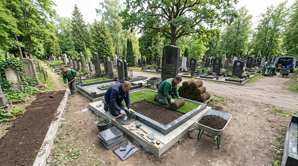 Благоустройство могил в Красноярске бетонной полосой с заполнителем
